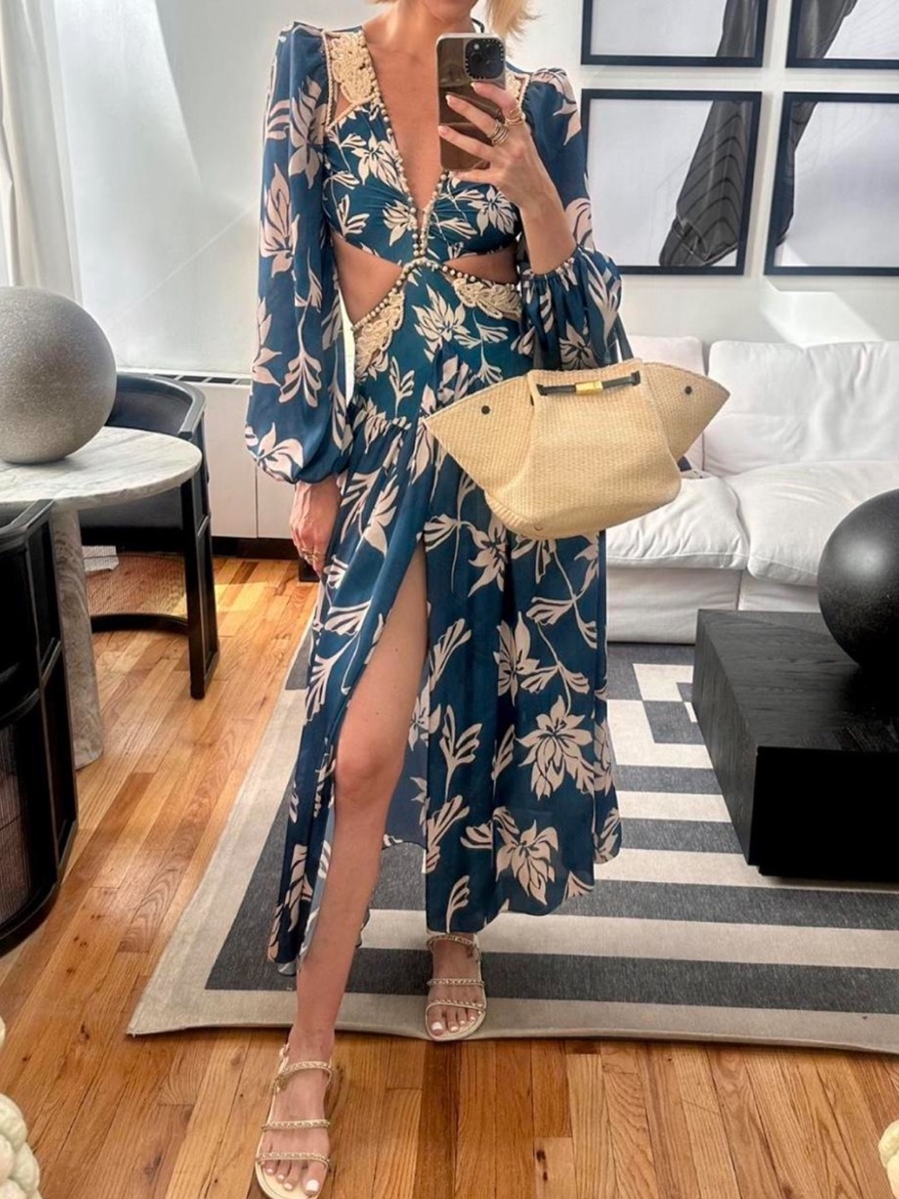 PatBO Teal Floral Cutout Maxi Dress with Cream Lace
